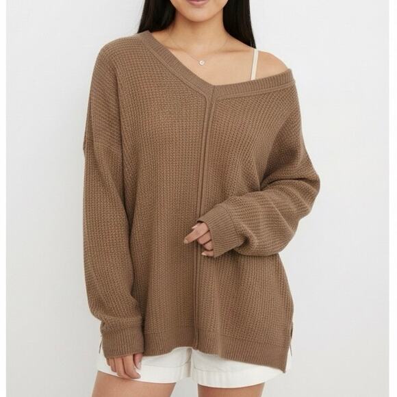 Aerie Wonder Textured V-Neck Long Sleeve Sweatshirt Womens S Brown Clean Girl - Picture 1 of 7